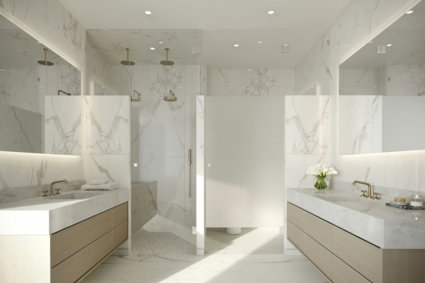 a large bathroom with marble counter tops and sinks